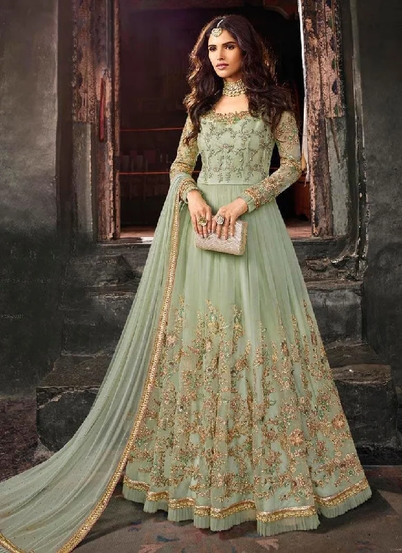 Pastel Green Net Anarkali Dress Tunics Corduroy durable