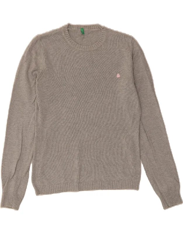 BENETTON Womens Crew Neck Jumper Sweater UK 14  Medium Grey Cotton Welt Pockets Slit Pockets Flap Pockets