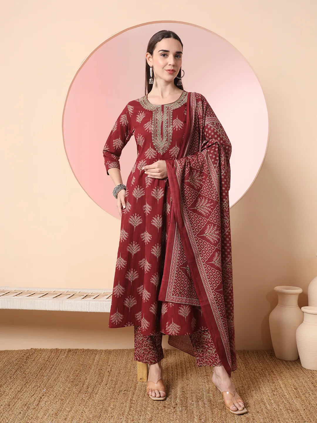 Yufta Maroon Pure Cotton Chikankari Anarkali Kurta Dupatta Pant Set Lightweight Linen Pants