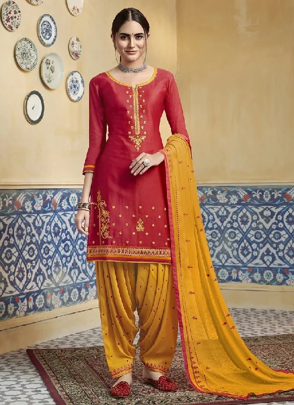 Red Pure Satin Patiyala Dress Tunics Yoga stretchy