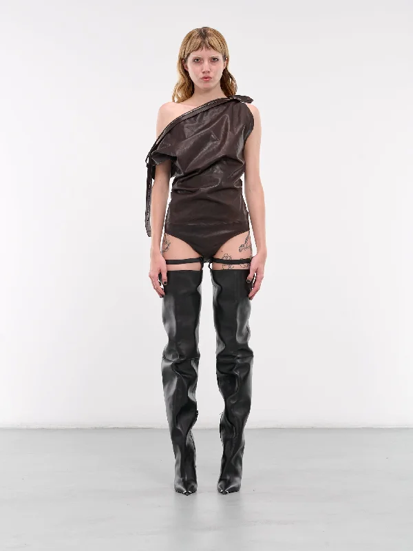 Leather Bodysuit (AC0714-ADM-DARK-BROWN) Elegant Bodysuit with Chiffon