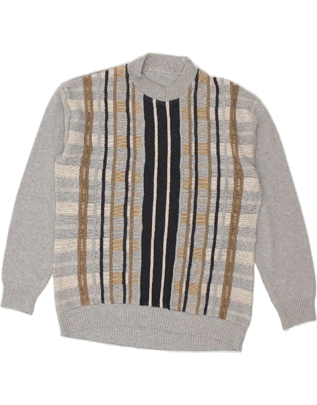VINTAGE Womens Turtle Neck Jumper Sweater UK 14 Large Grey Striped Sequined Glittery Shiny