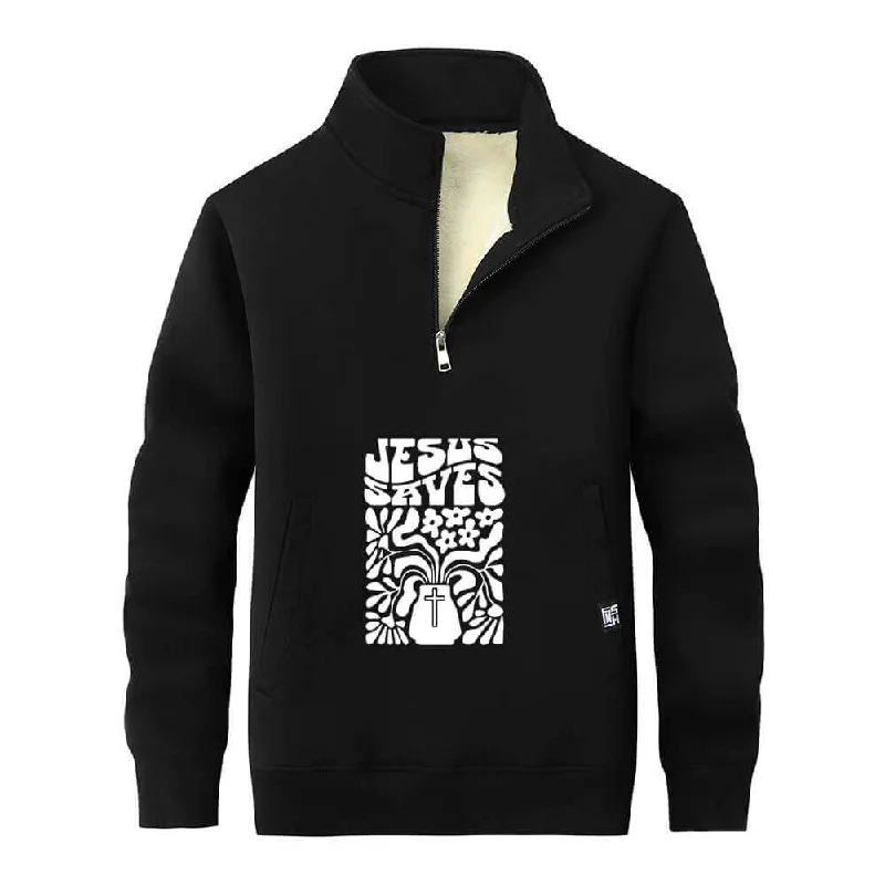 Jesus Saves Floral Cross Stand Collar Zip Fleece Sherpa Sweatshirt Hoodie with Pastel Soft Subtle