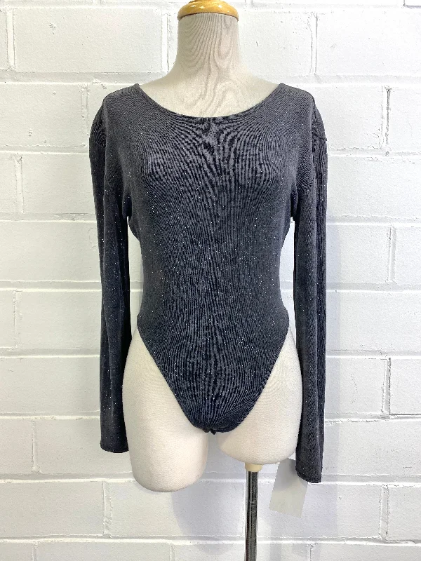 Vintage 1990s Grey Sparkly Stretchy Bodysuit, Medium Trendy Floral Print Bodysuit