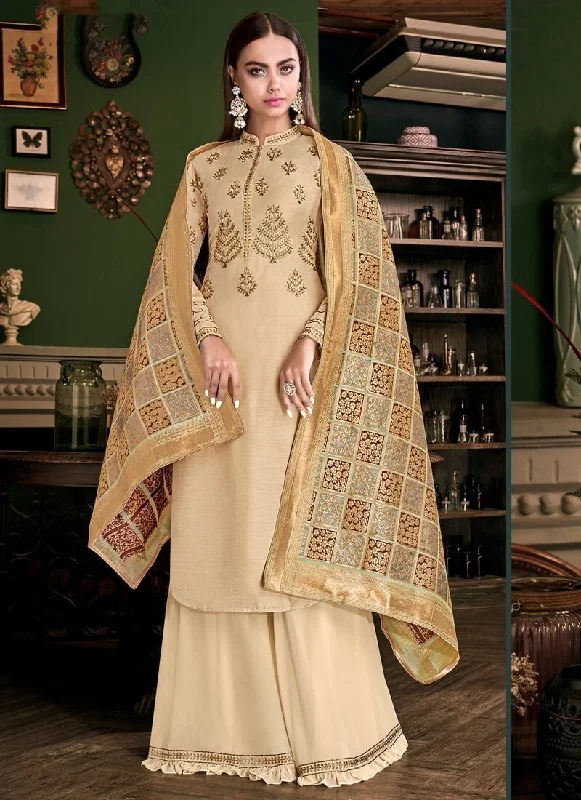 Beige Palazzo style Dress Tussar Satin Elegant Long Evening