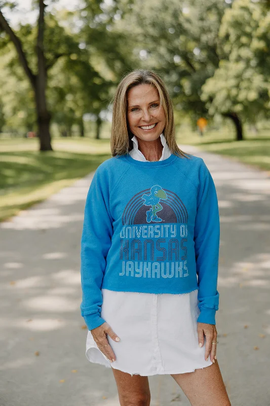 Retro x Blond Genius - KU Kansas Jay Hawks Vintage French Terry Cut Hem Sweatshirt in Royal Hoodie with Velcro Closure Adjustable Secure
