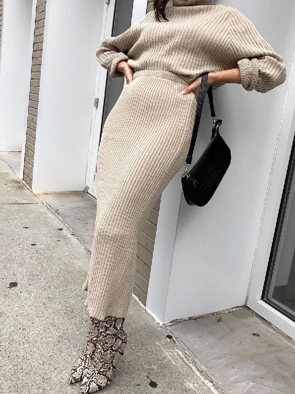 Turtleneck Sweater Knitted Dress Three-Piece Ribbed Striped Patterned