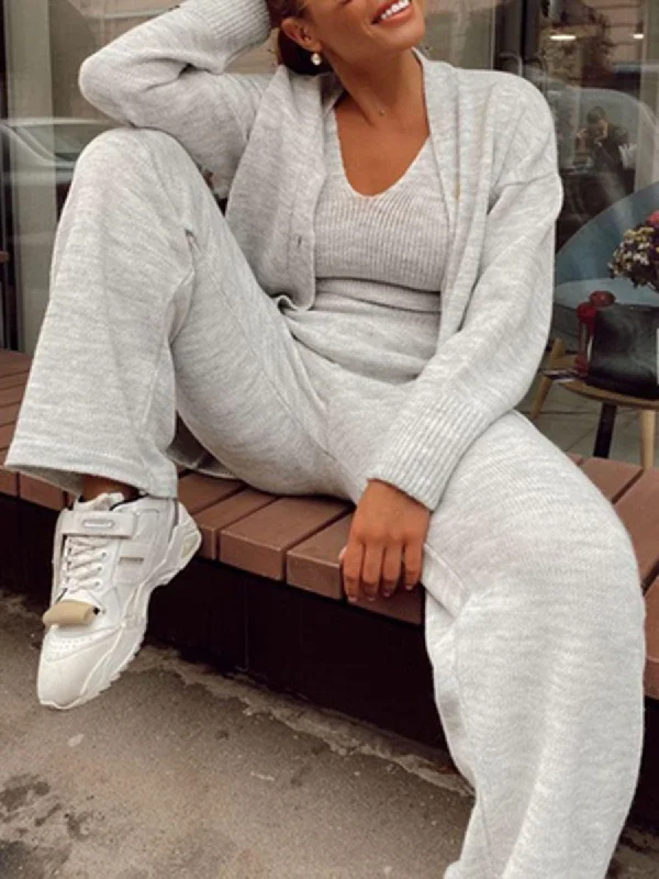 Comfortable Casual Solid Color Knitted Sweater Three-Piece Suit Seamless Knitted Crochet