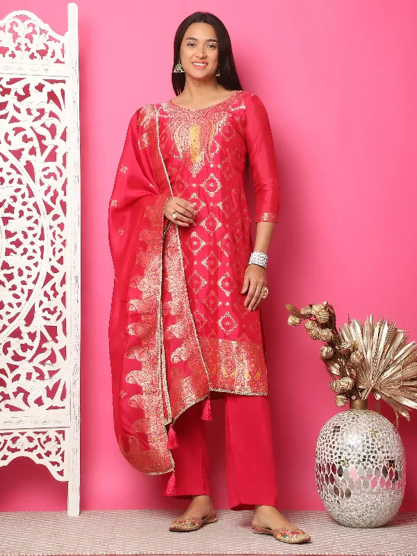 Women's Red Silk Jacquard Dress Material - Stylee Lifestyle