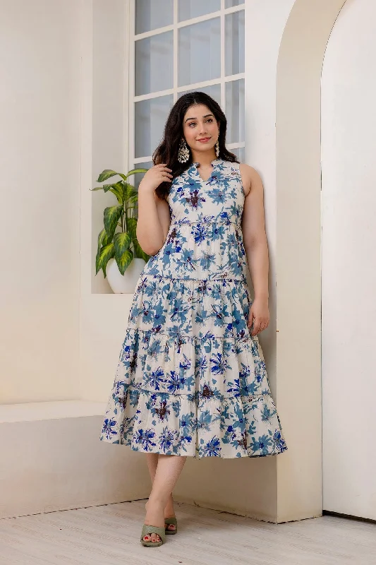 Women Off White Printed Sleeveless Flared Dress - Rasiya
