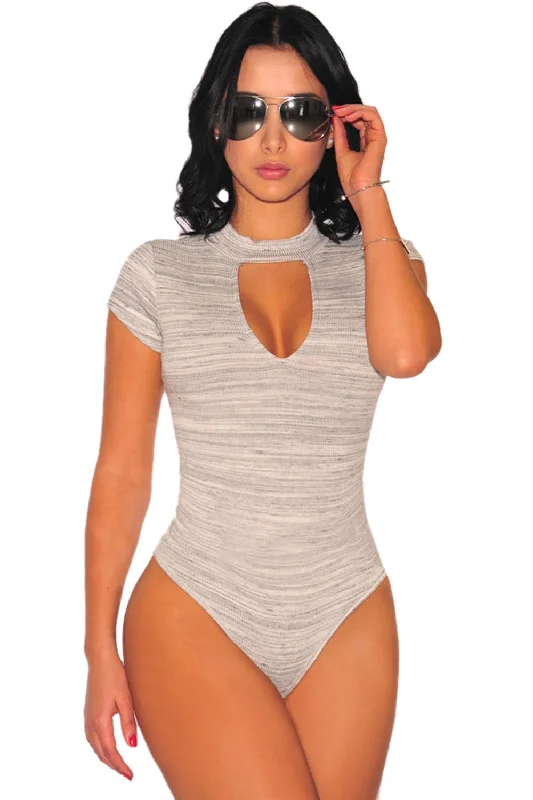 Summer Women's Sexy Hollow Out White Gray Marled Peep Hole Choker Turtleneck Bodysuit LGY32049 Trendy High-Neck Bodysuit