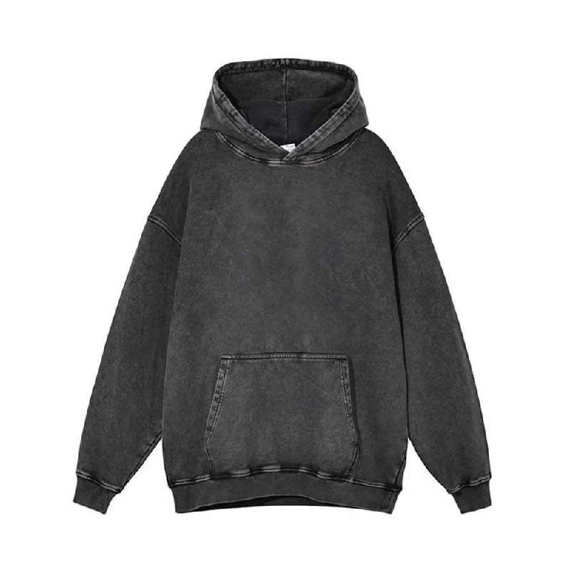 Black Simple Solid Color Vintage Washed Hoodie Sweatshirt Hoodie with Contrast Stitching Detailed Premium