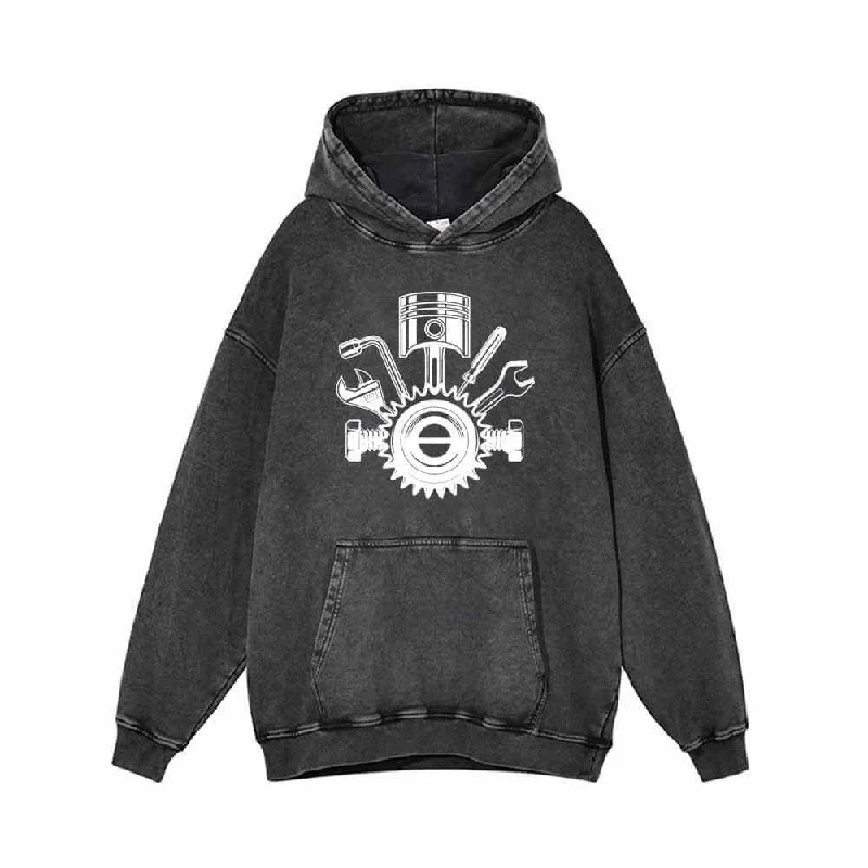 Mechanic Gear Wrenches Pattern Vintage Washed Hoodie Hoodie with Hem Frayed Vintage Worn