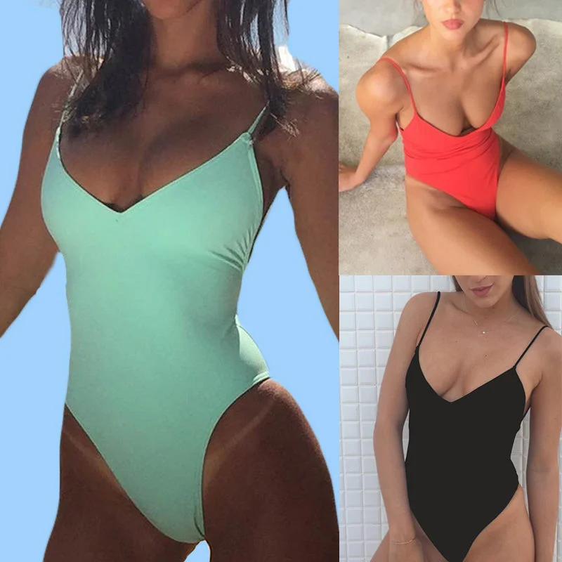 Women Solid Bikinis Sexy Bandage One Piece Backless Swimsuit Female Bathing Suits Bodysuit Beach Wear New Swim Suit Monokini Stylish Low-Cut Bodysuit