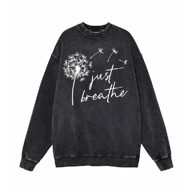 Dandelion Just Breathe Vintage Vintage Washed Sweatshirt Hoodie with Strings Custom Fit Adjustable