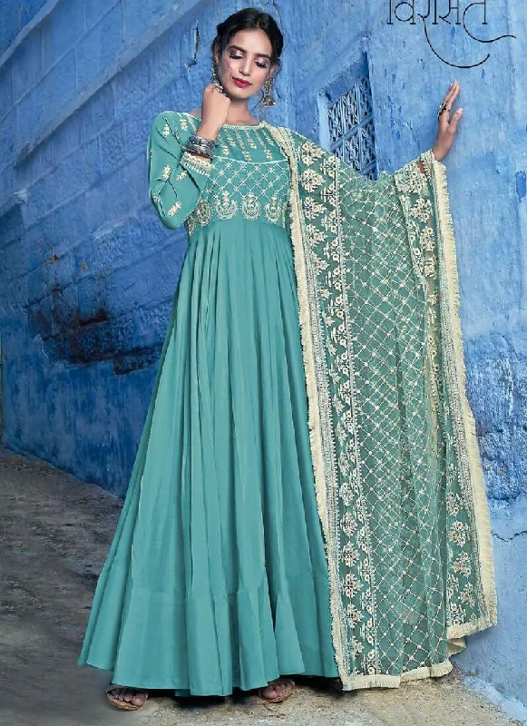 Turquoise Anarkali style Straight Readymade Dress Tunics Fashionable chic