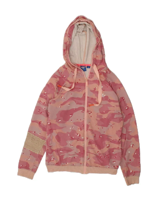 ADIDAS Womens Zip Hoodie Sweater UK 12 Medium  Pink Camouflage Cotton Slim Fit Regular Fit Oversized