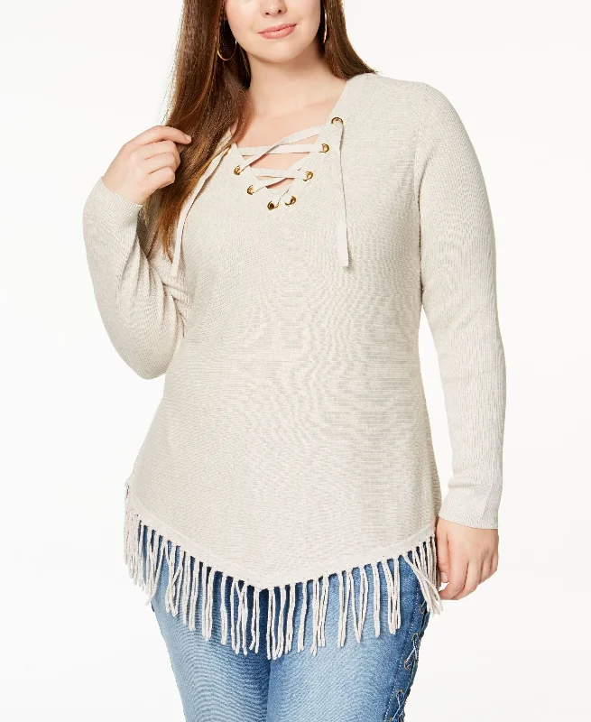Plus Size Lace Up Fringe Tunic Sweater Herringbone Houndstooth Plaid