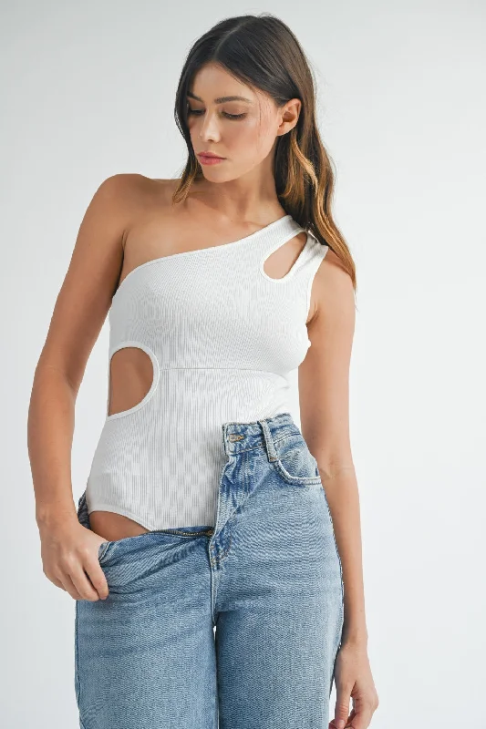 MABLE One Shoulder Ribbed Cutout Detail Bodysuit Elegant Halter Neck Bodysuit