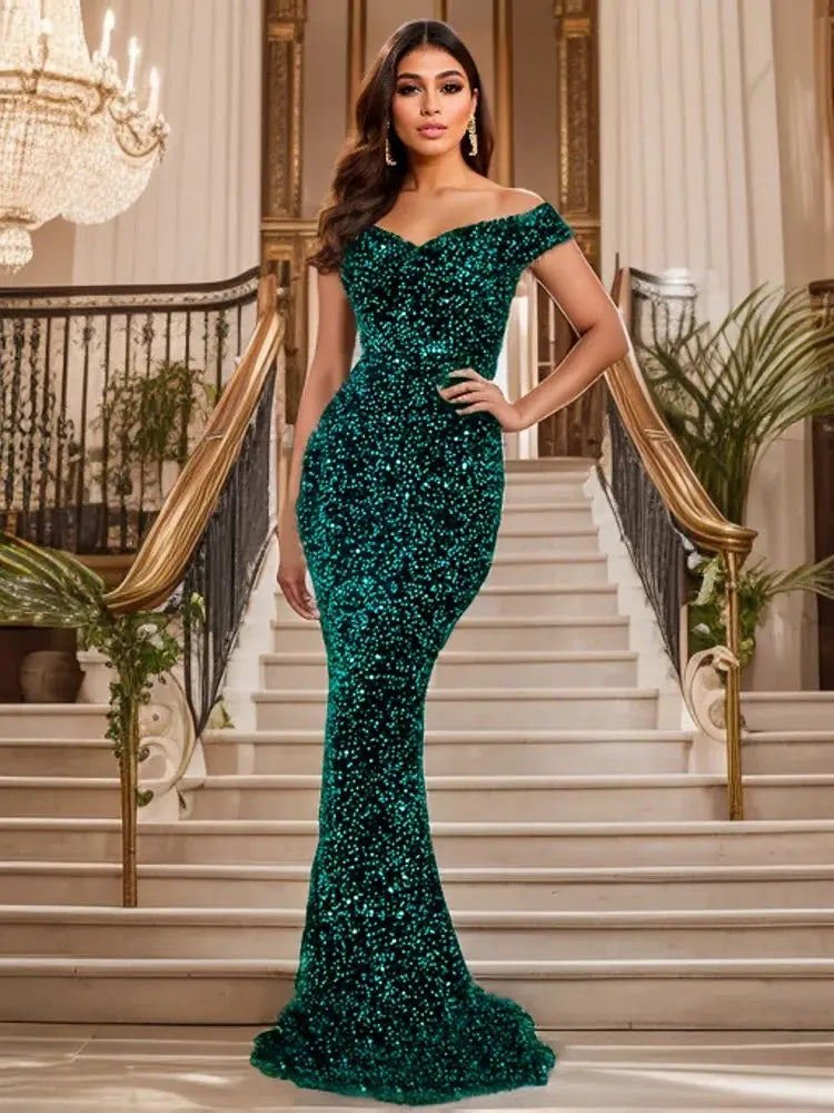 FZ Women's Off The Shoulder Mermaid Stretchy Sequin Velvet Slash Neck Evening Dress