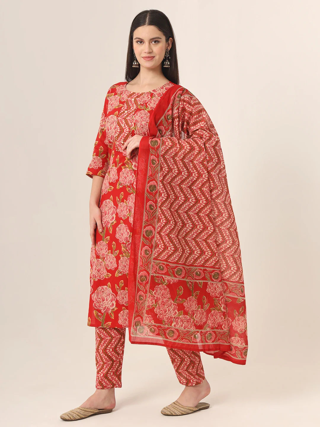 Yufta Red Pure Cotton Straight Kurta Pants Dupatta Set Chic Black Leggings