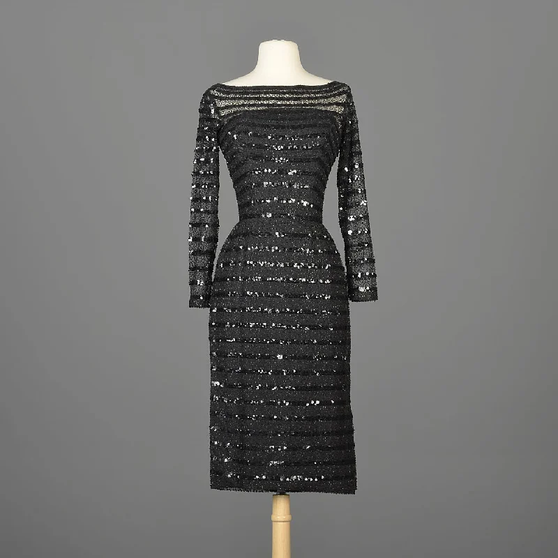 1960s Ceil Chapman Sheer Black Wiggle Dress with Sequin Stripes