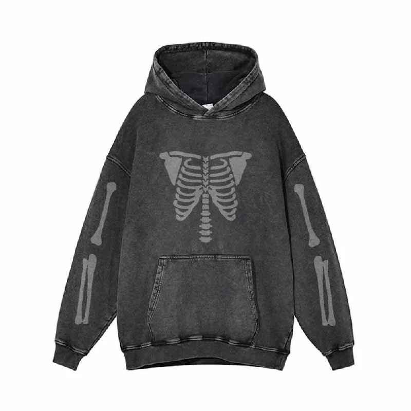 Skeleton Rib Cage Print Vintage Washed Hoodie Hoodie with Fur Luxurious Winter