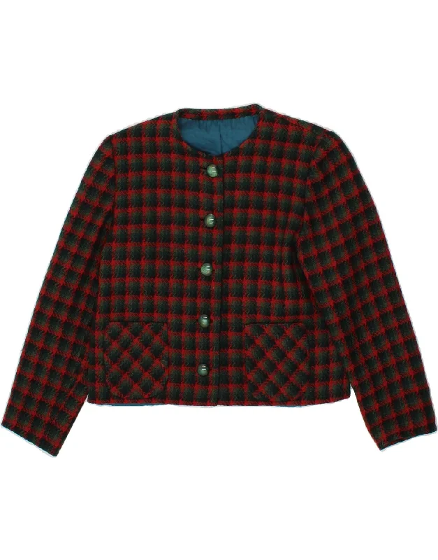 VINTAGE Womens Crop 5 Button Blazer Jacket UK 10 Small Red Check Faux Fur Fabric Real Fur Fabric Shearling Fabric