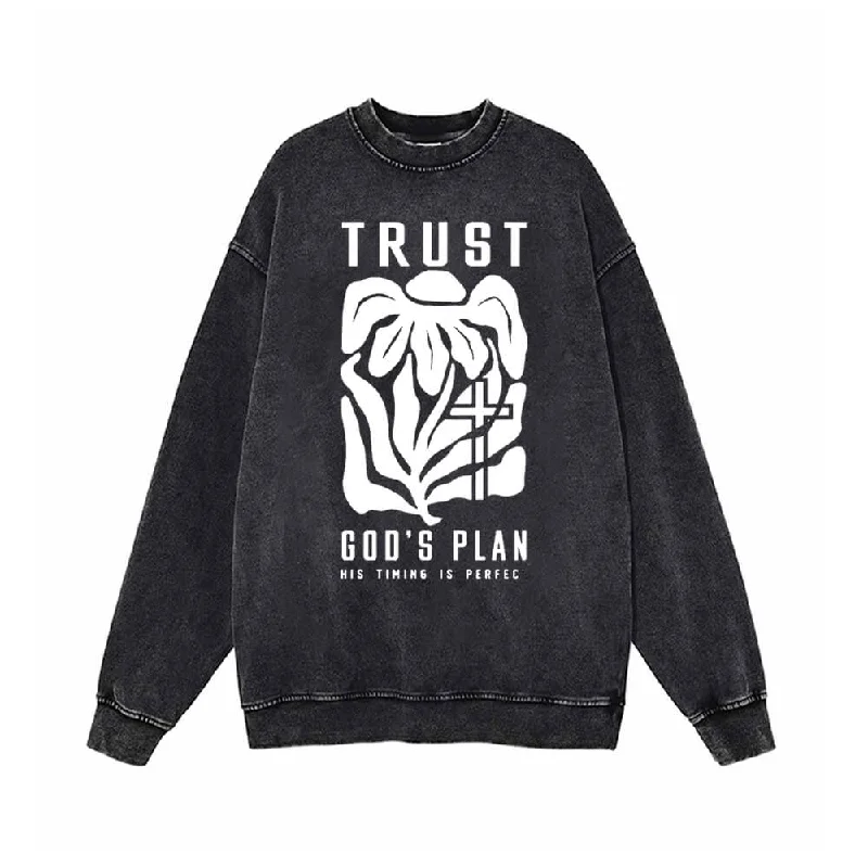 Trust God’s Plan Floral Cross Vintage Washed Sweatshirt Hoodie with Zipper Versatile Modern