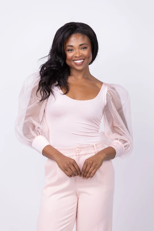 Alice + Olivia Jillianne Scoop Neck Puff Sleeve Bodysuit in Pearl Blush Trendy Bodysuit with Tulle