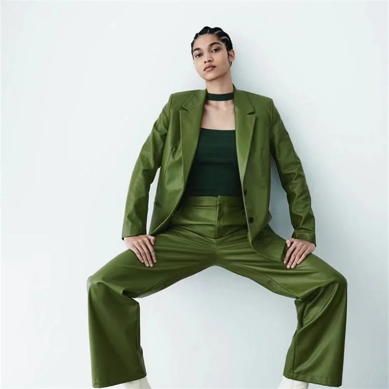 Women's Casual Loose-Fitting Faux Leather Pants Suit Slim-Fit Khaki Pants