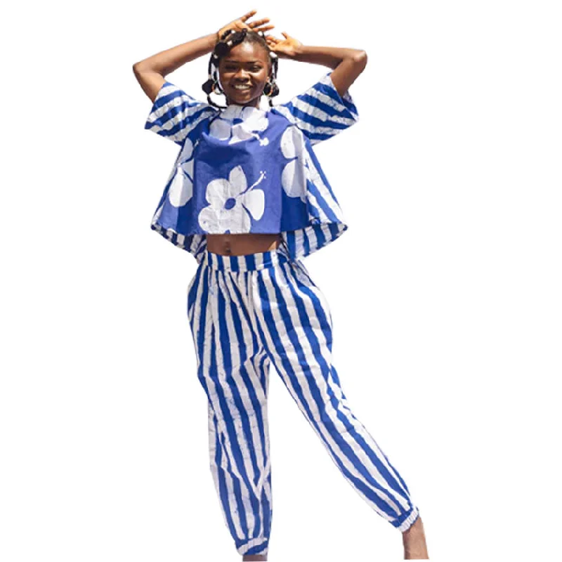 AGA CULTURE Chinwe Floral Print Detail Top & Stripe Pant Set Elegant Silk Pants