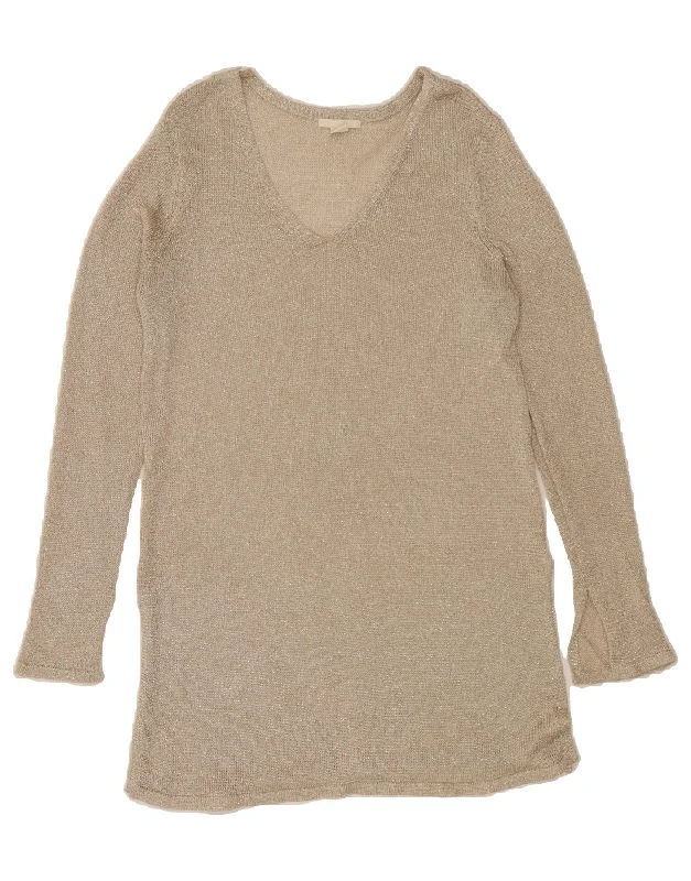 H&M Womens Longline V-Neck Jumper Sweater UK 14 Medium Beige Plaid Sweater Polka Dot Checkered