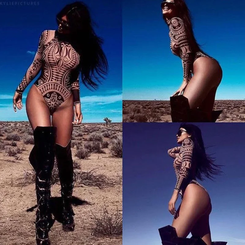 Sexy Elegant Women Totem Printed Jumpsuits Romper Long Sleeve Slim Perspective Bodysuit Overalls Playsuit Trendy Sleeveless Bodysuit