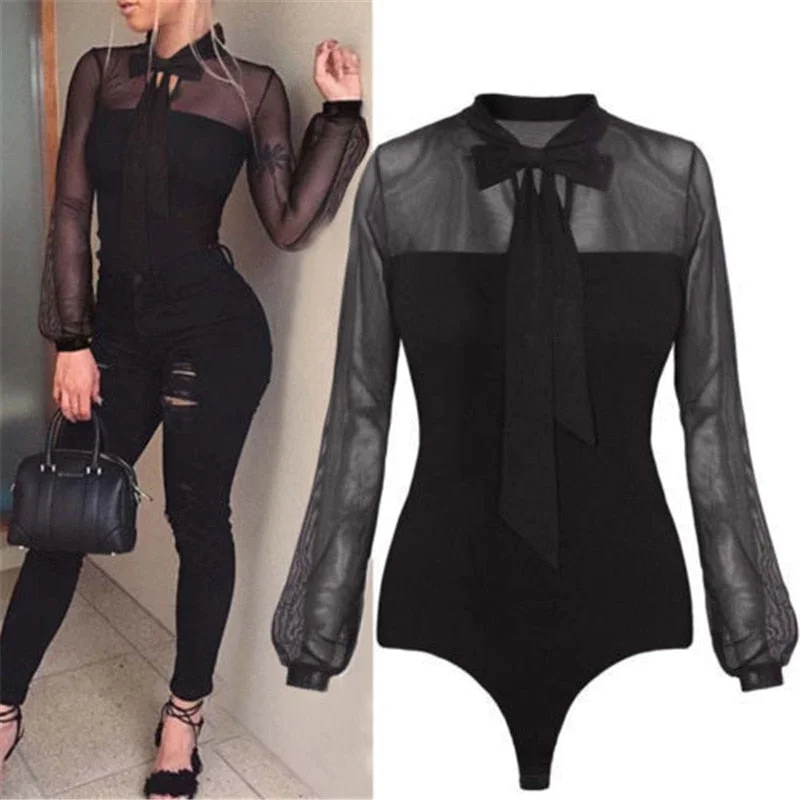 New 2018 Summer Bodysuit Women Sexy Bow Black Mock Neck Tops Stylish Mesh Bodysuit with Straps