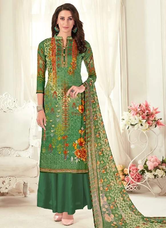 Green Pure Zam Cotton Palazzo Dress Crew Neckline Sporty