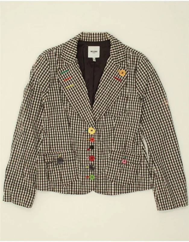 MOSCHINO Womens 6 Button Blazer Jacket US 10 Large Grey Check Cotton Fleece Fabric Down Fabric Feather Fabric