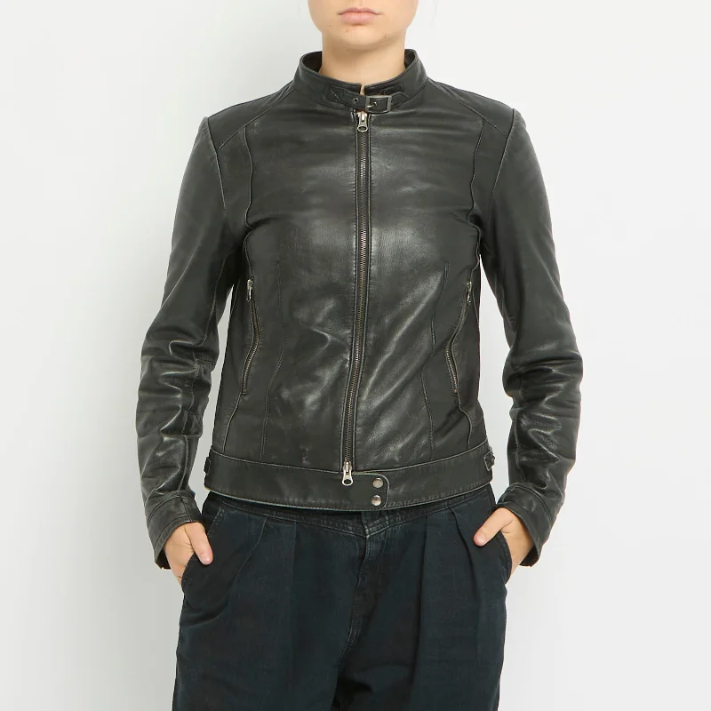Leather Buckle Detail Zip Jacket - UK 8 Collared Jacket Crew Neck Jacket Turtle Neck Jacket