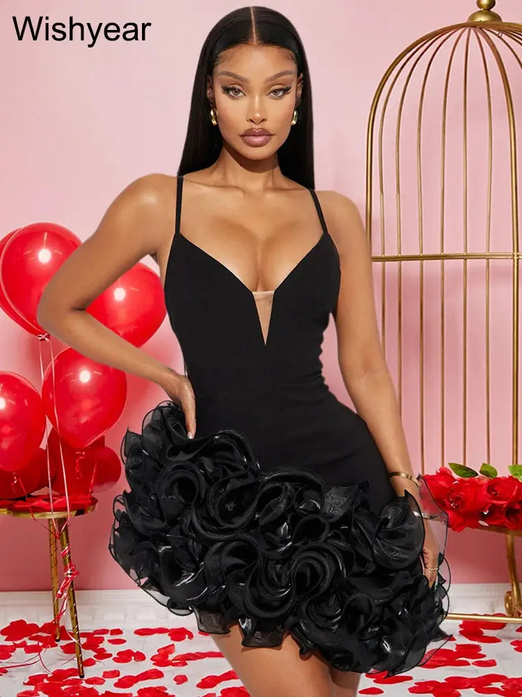 FZ Women's Straps Ruffle Pleated Mini Evening Dress