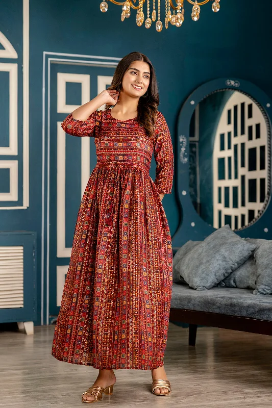 Women Maroon Ethnic Printed Flared Dress - Rasiya