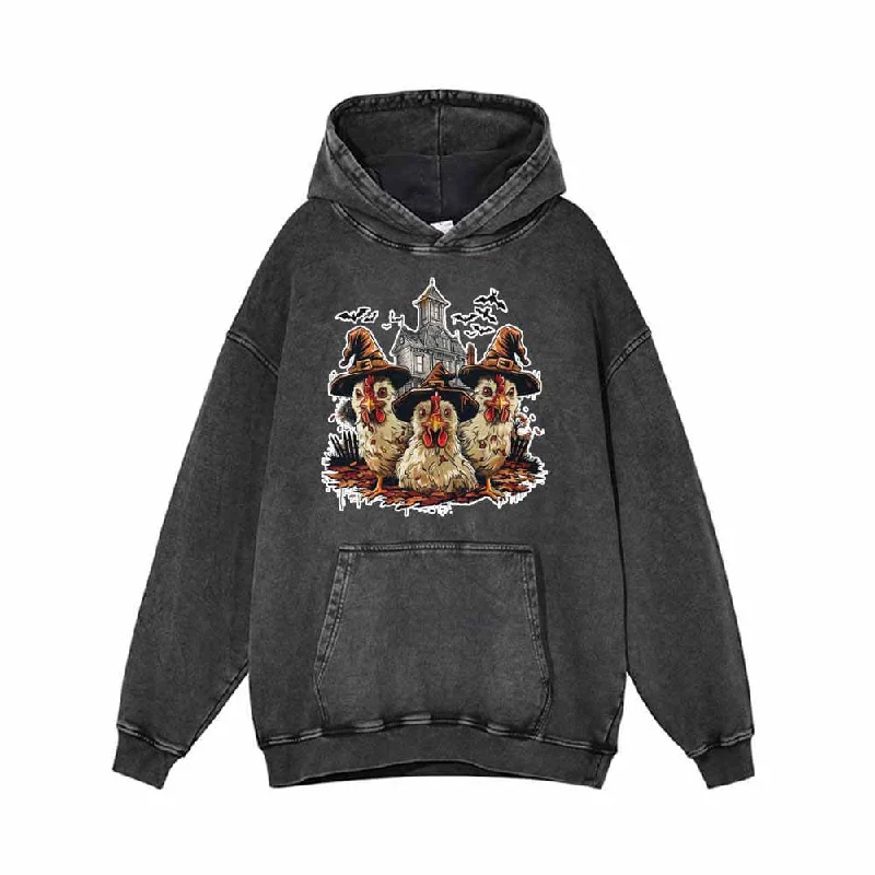 Spooky Chickens Vintage Washed Hoodie Sweatshirt Hoodie with Hem Contrast Bold Stylish