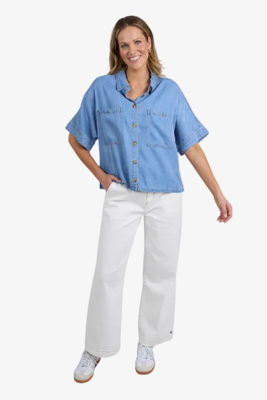 Elm - Demi Short Sleeve Jacket - Light Blue Wash Wool Fabric Cashmere Fabric Tweed Fabric