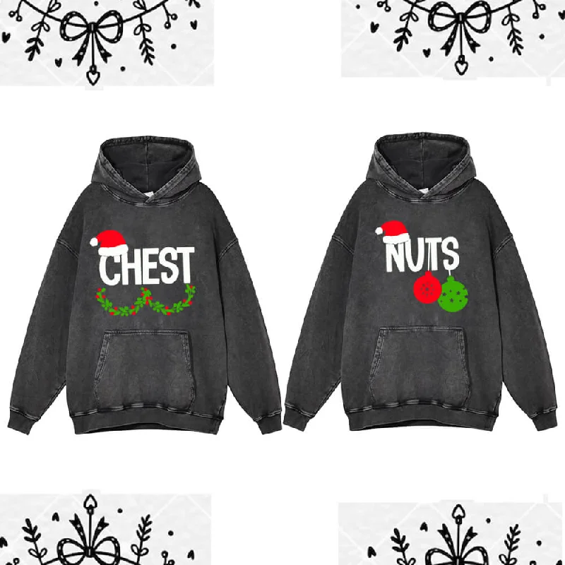 Chest And Nuts Vintage Washed Christmas Couple Hoodie Hoodie with Raglan Sleeves Sporty Comfortable