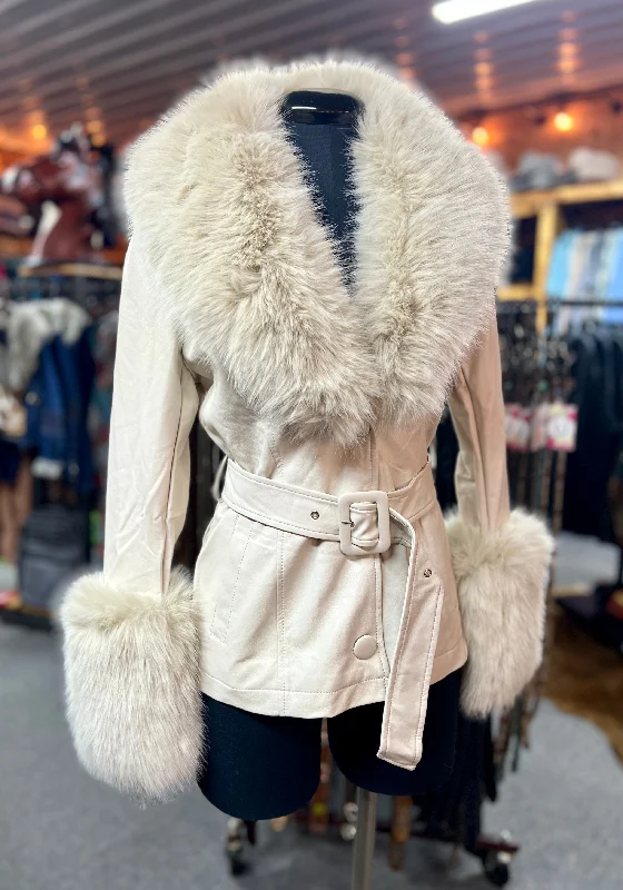 Ivory Fur Trimmed Jacket Vegan Leather with Belt Trench Coat Raincoat Waterproof Jacket