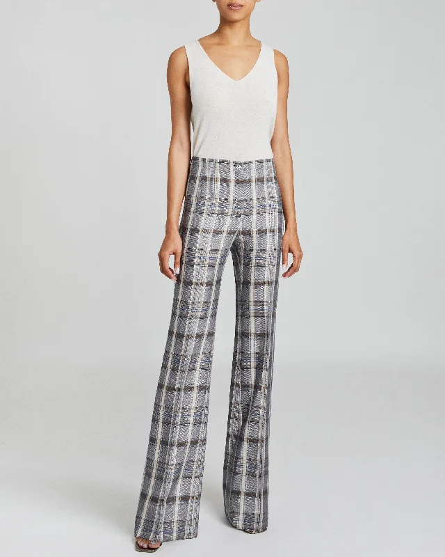 ELIZABETH Flared Legs Pant in Modern Linen Blend Plaid Fashionable Track Pants