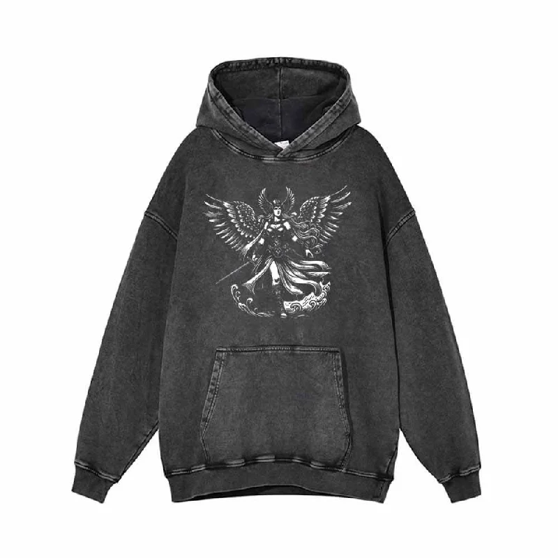 Angel Valkyrie Pattern Vintage Washed Hoodie Hoodie with Zipper Placket Modern Functional