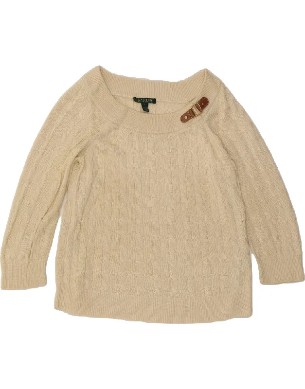 RALPH LAUREN Womens Crop Boat Neck Jumper Sweater UK 16 Large Off White Collared Crew Neck Turtle Neck