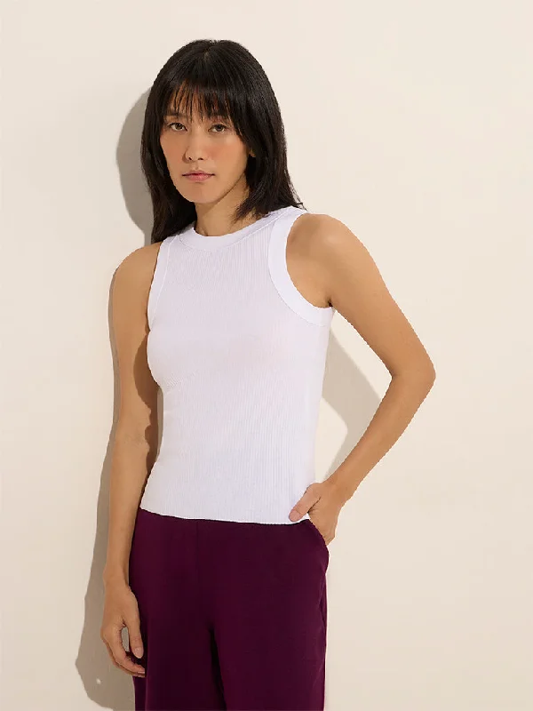 Superstar White Ribbed Textured Cotton Blend Tank Top vintage tank top