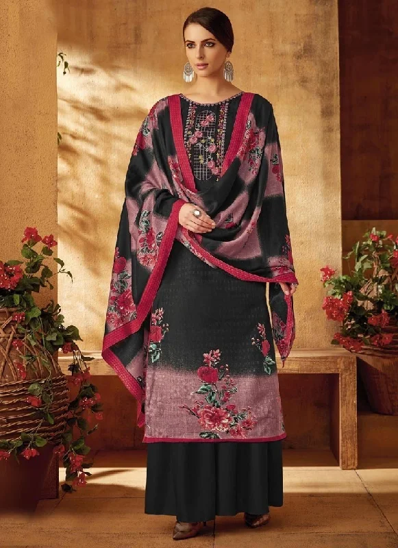 Black Pure Pashmina Jacquard Palazzo Dress Tunics Short Trendy