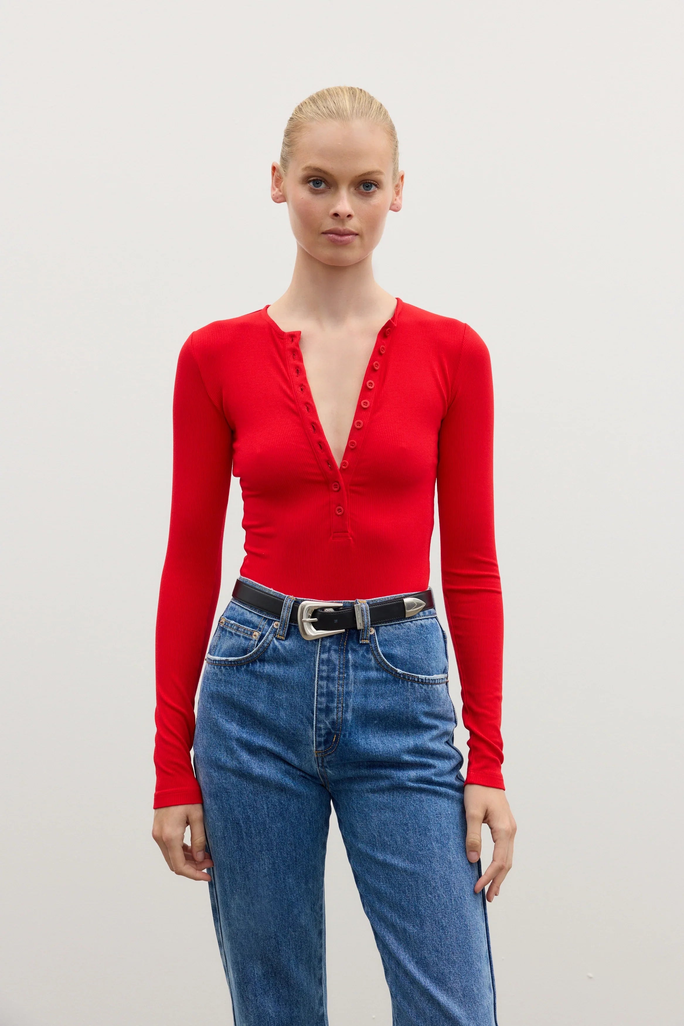 Lara Bodysuit Fire Engine Red Fashionable Cropped Bodysuit